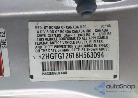 2008 Honda Civic Lx z USA, uszkodzony, nr VIN 2HGFG12618H563094